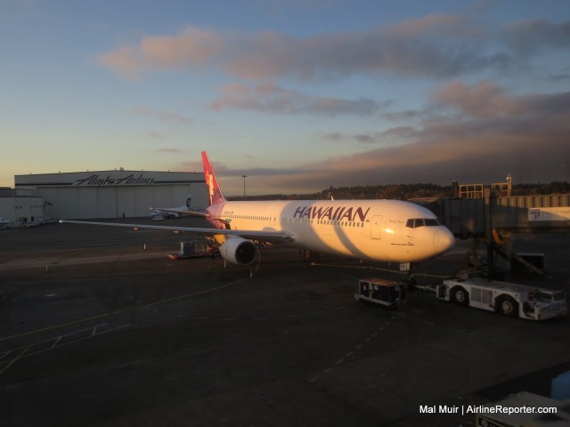 My ride to Hawaii in the Seattle Fall Sunrise.  A Hawaiian 767-300 - Photo: Mal Muir | AirlineReporter.com
