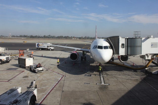 Virgin America, Breanna Jewel, sits at LAX after arriving. 