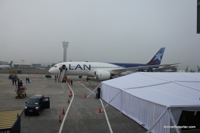 LAN's first Boeing 787 Dreamliner sits at their Maintenance facility at Santiago. 