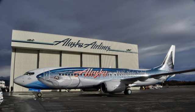 The new Salmon-Thirty-Salmon livery shown off in Anchroage. Image from Alaska Airlines. CLICK FOR LARGER. 