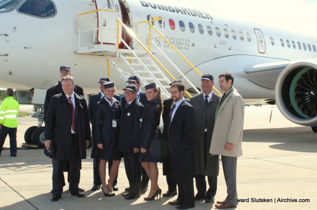 Mr. Robert Deluce, Porter Airlines President & CEO (center) with his teamafter CSeries Flight Test Vehicle 1's (FTV1) first flight on September 16, 2013.