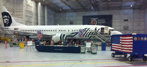 iPhone photo I was able to take of an Alaska Airlines Boeing 737 and the fallen soldier baggage cart at the airline's maintenance facility in Seattle during a special Veteran's event in November 2011.