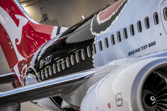 Unless you get up close you can't see the detail that went into creating this piece of flying art, what appears white is actually almost blue - Photo: Qantas