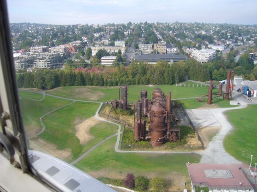 Flying over Gasworks park in Seattle. Image by Colin Cook.