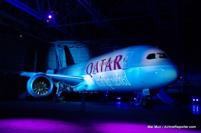 Qatar's first Boeing 787 Dreamliner at BFI. Photo by Mal Muir / AirlineReporter.com.