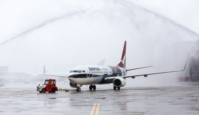 ’œMendoowoorrji’ getting a fitting reception in Sydney, receiving a water cannon salute - Photo: Qantas