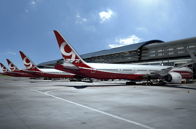 The composites of the new Boeing 777X are in maroon. Image: Boeing