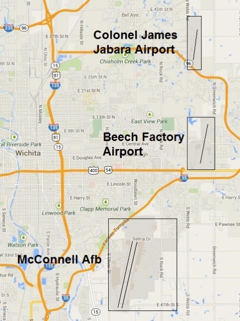 James Jabra Airport in relations to Beech Factory Airport and McConnell AFB - Image: Google Maps / Enhanced by JL Johnson