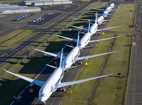 CLICK FOR LARGER IMAGE This is an aerial shot taken by our Bernie Leighton of Runway 29/11 at Paine Field. These are all Boeing 787 Dreamliners that are still missing a few things, most notably engines.