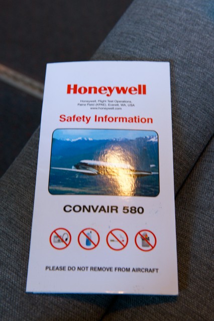 A Honeywell Convair 580 safety card. Photo by Bernie Leighton | AirlineReporter.com