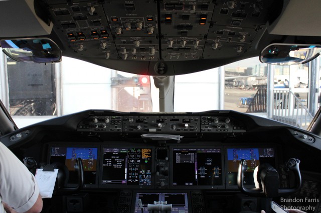 Flight deck of the Boeing 787 Dreamliner is quite slick. Photo: Brandon Farris