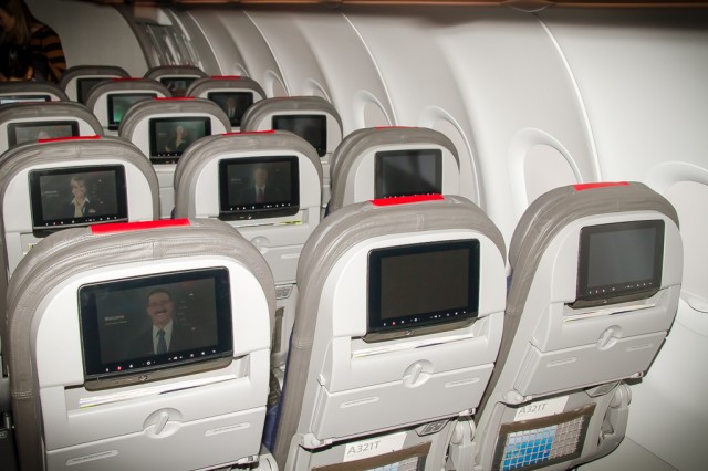 Each seat has in-flight entertainment. Image: Eric Dunetz