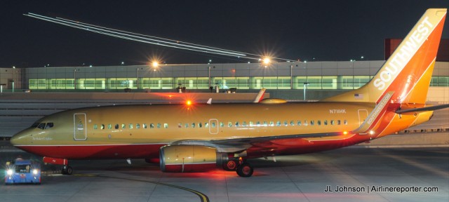 A Southwest 737-700 seen at Dallas Love Field sporting a Row44 Raydome between the strobe and vertical stabilizer.  Photo: JL Johnson | Airlinereporter.com