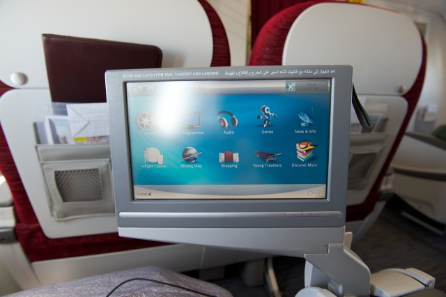 The IFE screen in business class on a Qatar Airways A320. Photo by Bernie Leighton  | AirlineReporter.com