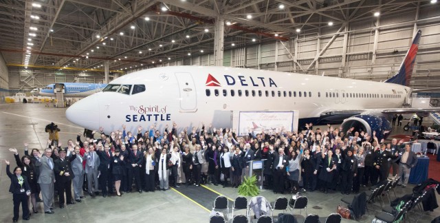 Delta unveils special "Spirit of Seattle" livery on a Boeing 737 in Seattle. Image: Delta. 