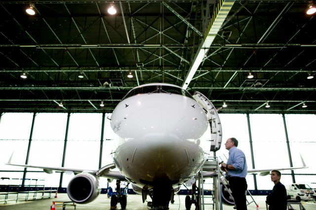 While the facility can handle everything from Boeing 787s to DC3s, AMS works primarily with Embraer aircraft as an authorized service center. Here a LOT Embraer 170 receives some attention on a Saturday afternoon.