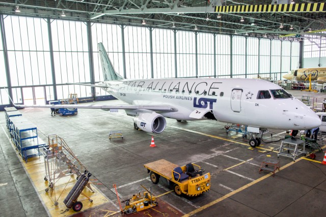 LOT's short haul fleet is made of E170s and E190 aircraft, like this E170 seen here undergoing a regular maintenance check.