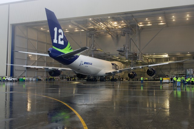 The Seahawks aircraft grand reveal from building 45-01. Photo by Bernie Leighton | AirlineReporter.com