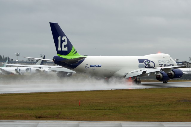 The Spirit of 12s Boeing 747-8 Freighter taking off at Paine Field. Photo: Bernie Leighton