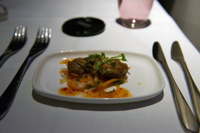 A grilled quail amuse. The first mini-course on my British Airway's flight. Photo by Bernie Leighton | AirlineReporter.com