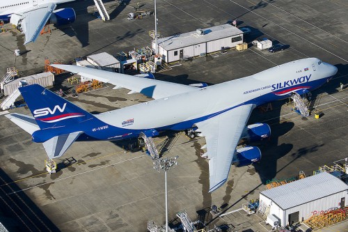 An aerial shot of the first Silk Way Boeing 747-8F taken at Paine Field by Bernie Leighton. Click for larger version.