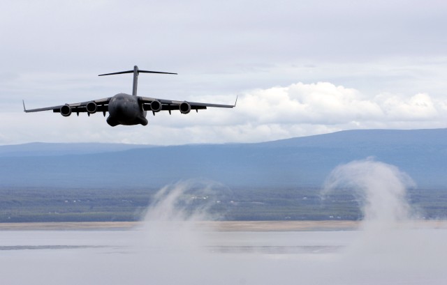 A C-17 Globemaster III shows what a Wake Vortex can look like after passing through some light cloud. Photo: U.S. Air Force by Tech. Sgt. Keith Brown