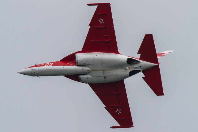 The Yak-130 goes through its routine at the 2014 Singapore Airshow - Photo: Jacob Pfleger