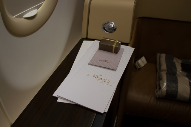 A meal menu, drinks menu, tea menu as well as a personal welcome note and Belgian chocolates are offered prior to departure. Photo - Jacob Pfleger