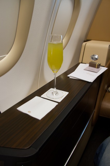 For flight departing Abu Dhabi, the choice of welcome drink is extended to include fresh lemon/mint juice as well as Arabic coffee with dates. Photo - Jacob Pfleger