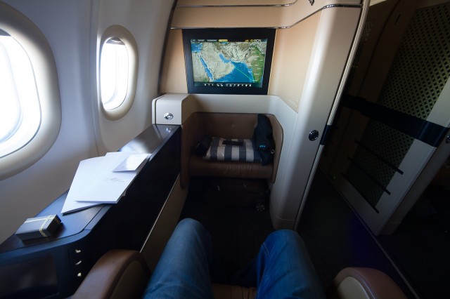 Showing the giant IFE screen and the legroom. Photo - Jacob Pfleger