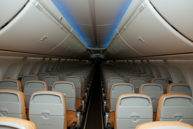 The "boarding" light setting of SilkAir's brand new Economy cabin: Photo - Bernie Leighton | AirlineReporter.com