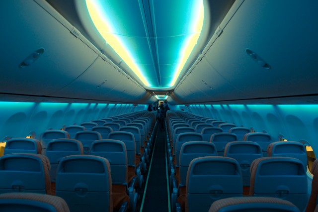 The cabin in full blue. Photo - Bernie Leighton | AirlineReporter.com