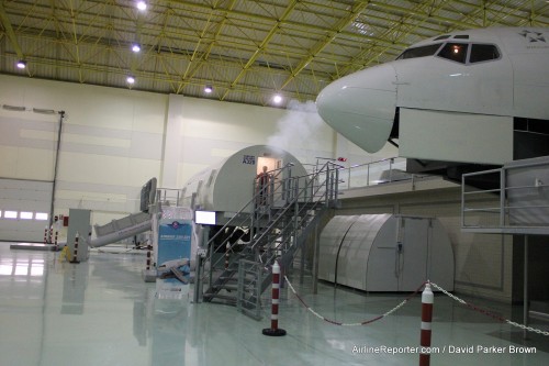 Notice the smoke coming out of the back of the Airbus A320 trainer.