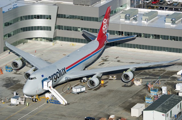 This wonderful aerial shot of a Cargolux Boeing 747-8F at the Everett Delivery Center was taken by Bernie Leighton on Jan 24, 2014.