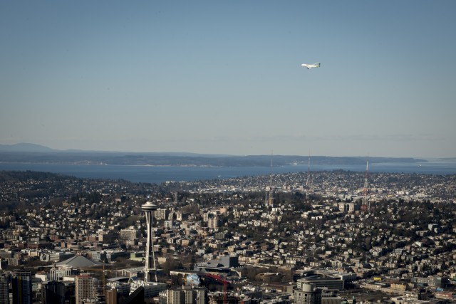 The Seahawks 747 flies over Seattle - Photo: Boeing