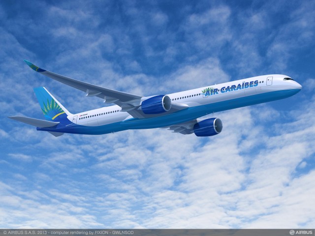 Composite image of the Air Caraîbes livery on an Airbus A350-1000 - Image: Airbus