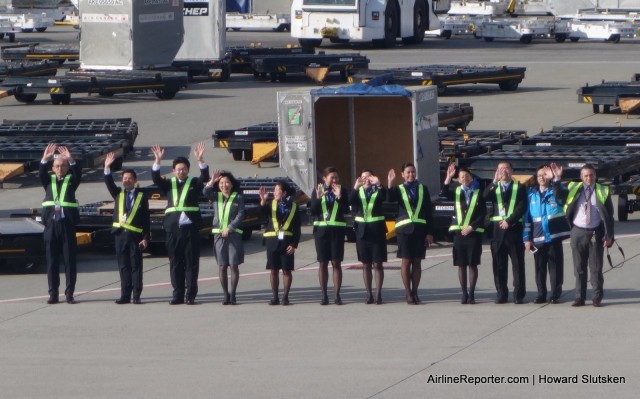 ANA's Vancouver team waves goodbye to the Haneda inaugural flight