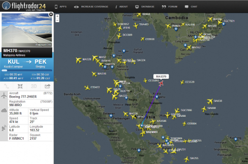 Flight path of flight 370. Image: FlightRadar24.com