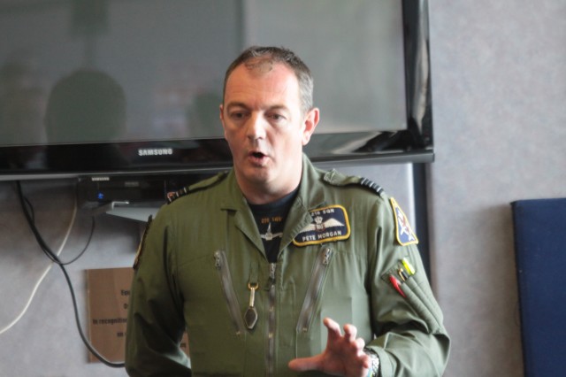 Wing Commander Pete Morgan, Officer Commanding No 216 Squadron, giving his briefing prior to the mission - Photo: Graham Dinsdale