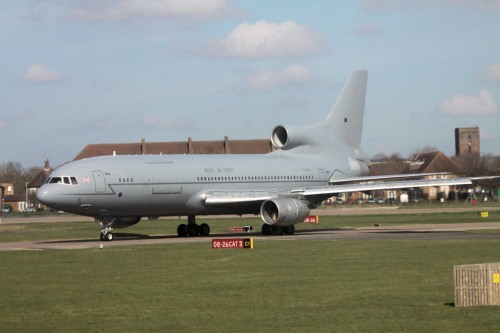 Lockheed L1011 Tristar, KC 1; ZD950; callsign ”FAGIN 12". Backtracking along the main runway, alongside ZD948 ”FAGIN 11".