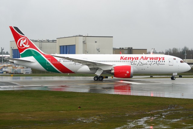 Kenywa Airways' first Boeing 787 Dreamliner seen at Paine Field. Photo: Bernie Leighton