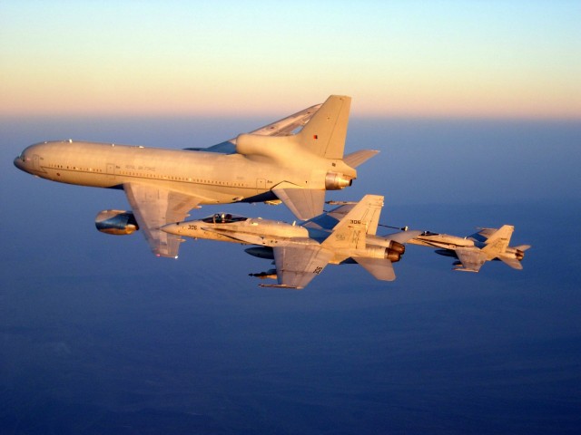 An RAF TriStar refuels U.S. Navy F/A-18s over Afghanistan. Photo -Cmdr. Erik Etz, U.S. Navy U.S. Defenseimgery.mil photo 081009-N-7665E-004