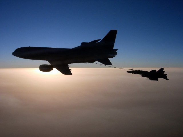 The twilight of the L1011. Refueling U.S. Navy aircraft as part of Operation Enduring Freedom. Photo -U.S. Navy photo by Cmdr. Erik Etz