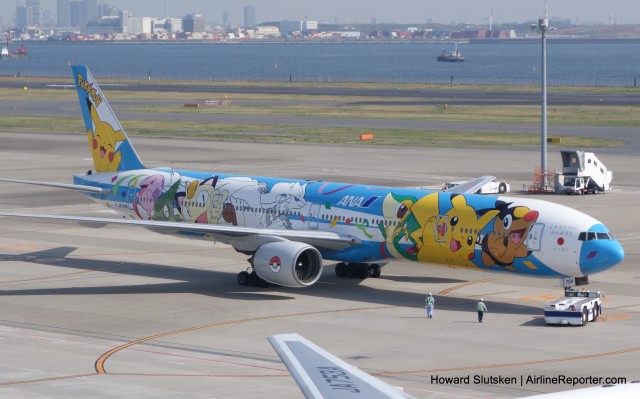 ANA 777-300 "Pokemon" pushes back from the gate at T2, HND.