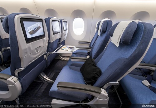 With a cross-section of 220 inches from armrest to armrest, the A350 XWB jetliner"s cabin provides the widest seats in its category - Photo: Airbus