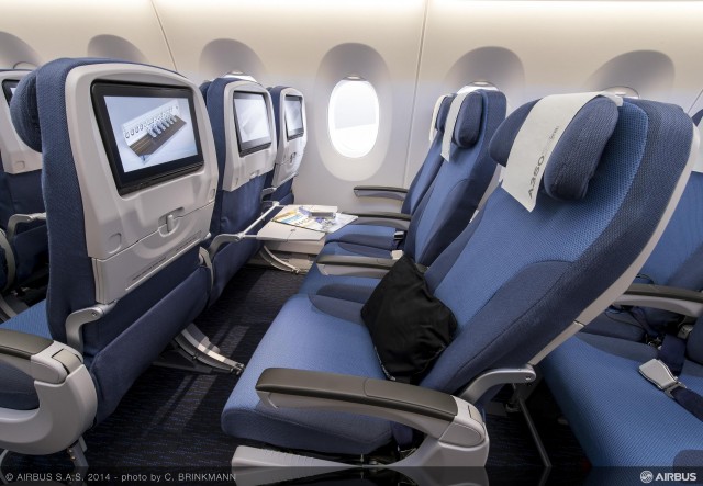 With a cross-section of 220 inches from armrest to armrest, the A350 XWB jetliner’s cabin provides the widest seats in its category - Photo: Airbus