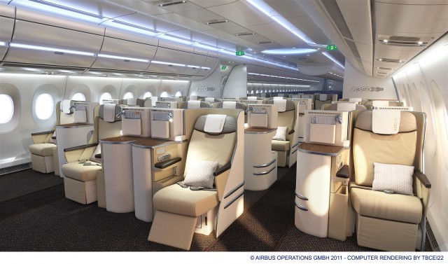 The Airbus A350 XWB’s extra-wide fuselage contributes to superior levels of passenger comfort in business class - Photo: Airbus