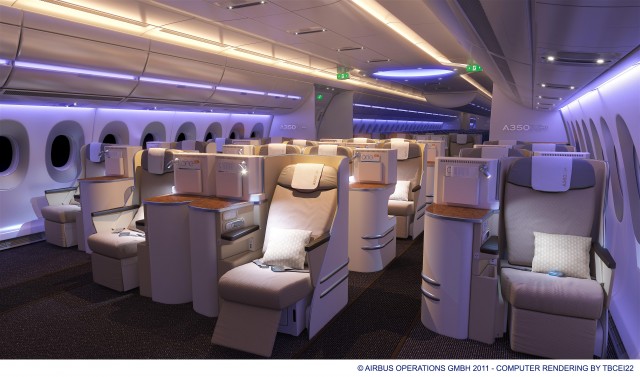 The A350 XWB cabin design ’“ with its smooth curves, flowing lines, innovative lighting and wide windows ’“ helps create a pleasant and soothing atmosphere for business class travellers - Photo: Airbus