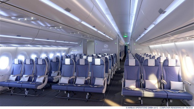 The A350 XWB allows for high-comfort economy seating in a nine-abreast arrangement, with Airbus’ standard 18-inch seat width - Photo: Airbus