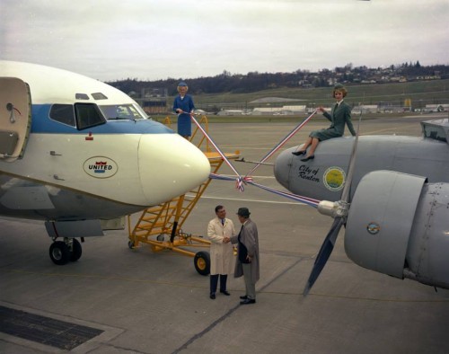 United Airlines was the launch customer for the Boeing 737 and its first 737-200 was delivered in 1967. It' is seen here nose to nose with a United Airlines Boeing 247 from 1933.